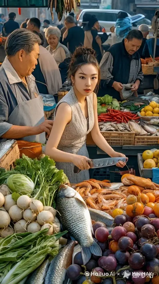 镜头移动，动态跟随，大爷买的大公鸡跑了，大爷大妈帮忙抓鸡。卖鱼的模特美女小姐姐跑到最前面，一把抓住了大母鸡 by Hailuo AI Video Generator