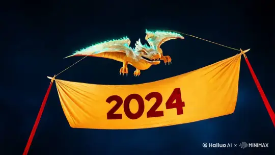 一条神龙身上挂着2024的牌子，飞向高空云端消失不见，随后城市灯火璀璨，烟花满天，一条刻着2025年的巨蛇缓缓从天而降。 by Hailuo AI Video Generator