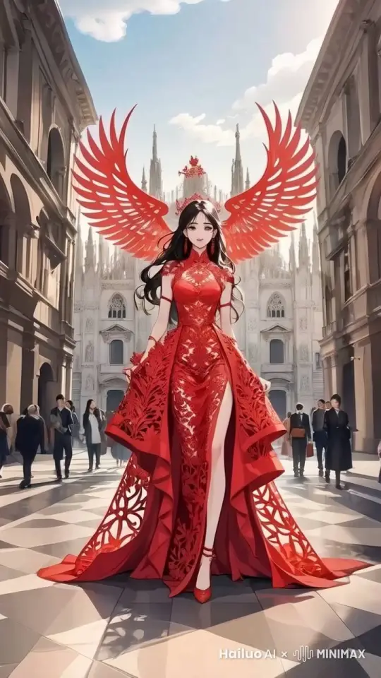一袭红色拖地长裙，每一寸布料都巧妙融入了剪纸艺术，裙摆摇曳间，细腻繁复的剪纸图案跃然而出，千年的非遗传承在长裙表面缓缓铺陈。人物开口说话，祝你新年快乐 by Hailuo AI Video Generator