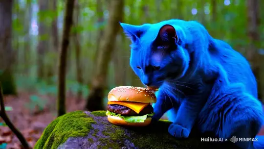 一只蓝色的猫在森林里吃汉堡 by Hailuo AI Video Generator