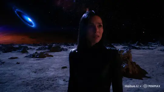美女站在一个遥远星球的表面，目睹着黑洞吞噬恒星的壮观景象，她的脸上被强烈的光芒照亮，眼神中充满了震撼和恐惧。 by Hailuo AI Video Generator