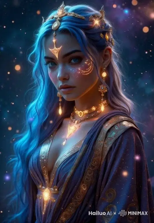 画面中的女人闭眼抬头，展开双臂，就像在感受星空中的力量涌入身体。头发、饰品及衣服无风自动，女人周围的星星点点涌入到女人体内，女人身体缓缓发出金色的光芒（光芒很柔和）。镜头在5秒围绕女人逐渐拉远并转一圈，期间镜头转到女人后背时，要贴近女人，微距拍摄再拉远。 by Hailuo AI Video Generator