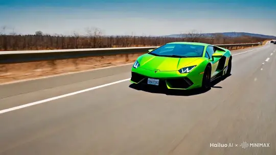 一辆绿色的林宝坚尼闪电高速行驶于高速公路上 by Hailuo AI Video Generator