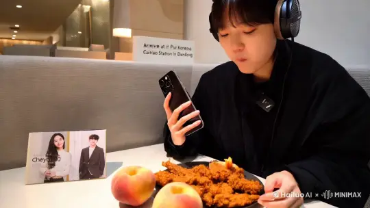 报告将军，今天我吃的是韩式炸鸡，喝的是可口可乐，心里想的是紫柚，品的是名煮，用的是苹果15，还有一台三星手机已到达丹东菜鸟驿站，耳机里放的是bigbang的歌，手里拿着一本朴彩英的高清写真，刚才购买的蟠桃也取到了[赞] by Hailuo AI Video Generator