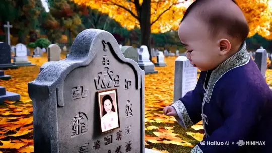 秋天的一个早上，一个中国小宝宝站在墓碑
前，伸出双手抚摸墓碑上妈妈的照片，时不时
用嘴吻着照片，不断大哭，氛围凄凉，背景墓
园里，周围都是墓碑，写实风格，高清画质 by Hailuo AI Video Generator