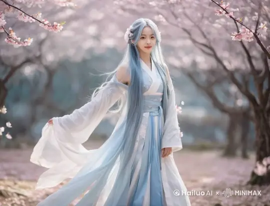 画面中的女孩，面带微笑，在桃花林中翩翩起舞，桃花花瓣天上飘落下来，女孩接住一片花瓣，然后抬头举起花瓣放在自己鼻子上 by Hailuo AI Video Generator