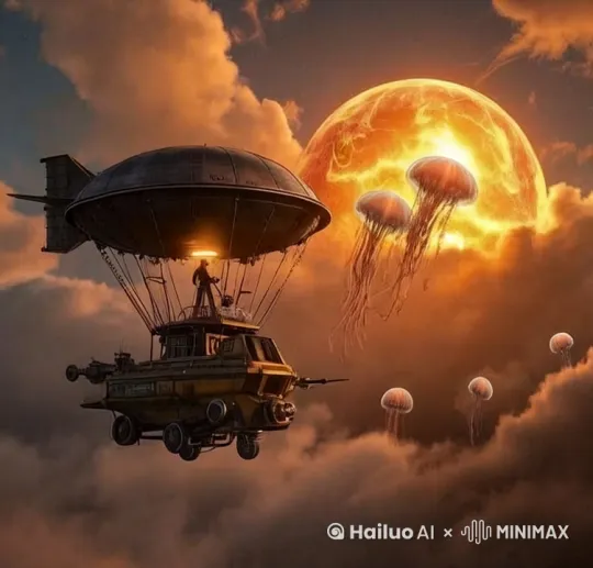 这张图片展示了一个充满科幻色彩的场景：一艘带有热气球的飞行器在云海中航行，飞行器上有一名驾驶员，背景是一个巨大的发光天体，周围还有几只水母状的生物漂浮在空中。以下是为这个场景编写的5秒视频提示词：
 
1. 第1秒：全景展示
 
- 镜头从远处缓缓拉近，展示整个科幻场景。飞行器在云海上方航行，背景是巨大的发光天体，水母状生物在空中漂浮。
- 提示词：“在云海之上，一艘神秘飞行器航行在异世界。”
2. 第2秒：飞行器特写
 
- 镜头聚焦在飞行器上，展示其细节，包括热气球、机械结构和驾驶员。
- 提示词：“飞行器的机械结构和热气球在光线的照射下闪烁着神秘的光芒。”
3. 第3秒：驾驶员视角
 
- 镜头切换到驾驶员的视角，从飞行器上看向前方的发光天体和水母状生物。
- 提示词：“驾驶员凝视着前方的奇异景象，准备迎接未知。”
4. 第4秒：水母状生物特写
 
- 镜头聚焦在一只水母状生物上，展示其半透明的身体和触须。
- 提示词：“神秘的水母状生物在空中漂浮，散发着柔和的光芒。”
5. 第5秒：全景拉远
 
- 镜头再次拉远，展示整个场景的宏伟和神秘，飞行器继续航行。
- 提示词：“飞行器在异世界的旅途中，继续向着未知进发。” by Hailuo AI Video Generator