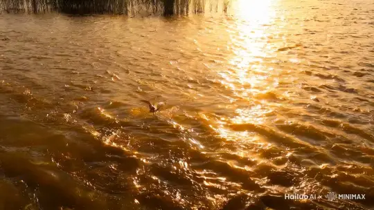 *镜头转向一条清澈的河流，河水在夕阳的映照下泛着金色的光芒。水面波光粼粼，如同撒满了金色的碎片，微风轻拂，河水泛起层层涟漪，仿佛在低声吟唱。河岸边长满了芦苇，随风摇曳，偶尔有几只水鸟掠过水面，留下阵阵涟漪。* by Hailuo AI Video Generator