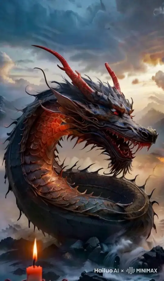 32k高清壁纸，杰作，超强视觉冲击力，山海经，神话故事，杰作，神兽，烛龙，人面蛇身，眼睛竖在中间，红色身体，“西北海之外，赤水之北，有章尾山。有神，人面蛇身而赤"，直目正乘，其瞑乃晦，其视乃明，不食不寝不息，风雨是谒。是烛九阴"，是谓烛龙。”极高分辨率，壁纸，增加细节，清晰度强化, by Hailuo AI Video Generator