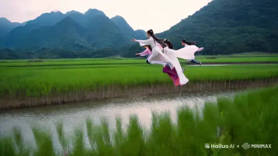 一群中国古装少年在山野里直立飞翔，紧贴着飞过地面，水面，庄稼顶，镜头从第三视角，切换到第一视角 by Hailuo AI Video Generator