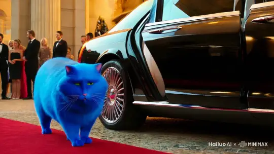 一只很胖的蓝色的猫从一辆迈巴赫上走下来，嘴里说着什么 by Hailuo AI Video Generator