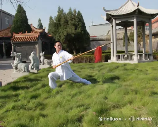 武术老师在庭院里操练红缨枪 by Hailuo AI Video Generator