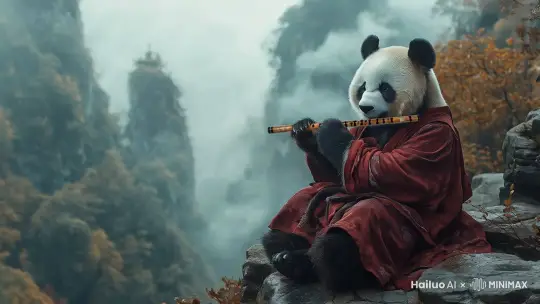 熊猫在吹笛子，镜头慢慢环绕拍摄，群山环绕，烟雾缭绕，人间仙境 by Hailuo AI Video Generator