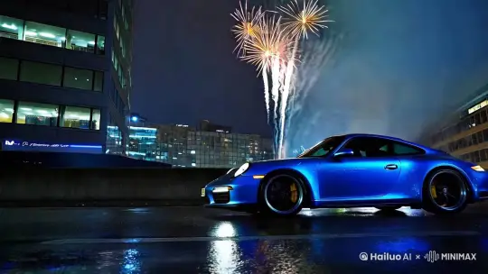 烟花下的保时捷911 by Hailuo AI Video Generator