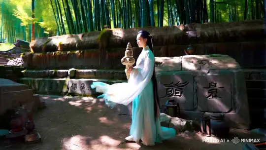 镜头语言：中景镜头，镜头围绕着美女缓慢旋转，带有轻微的晃动，强调衣袂的飘动

光影：阳光透过树枝洒下斑驳光影，光与影交织，人物脸上和衣服上呈现柔和光泽

主体：同一位美女，汉服微微飘起，手持古老的神兽图腾或灵兽雕刻，衣袖和裙摆随风而动

主体运动：轻步走动，踏着仙气般的步伐，动作优雅而有节奏

场景：山林中的神庙遗址，四周竹林葱翠，岩石上刻有《山海经》中的古老符文

氛围：空灵、宁静，充满超凡脱俗的美丽与神秘

不希望呈现的内容：繁杂的背景、杂乱的物品 by Hailuo AI Video Generator
