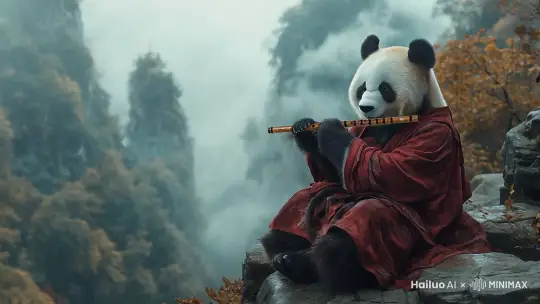 熊猫在吹笛子，镜头慢慢环绕拍摄，群山环绕，烟雾缭绕，人间仙境他后面还有一个鬼在他面前飘来飘去 by Hailuo AI Video Generator
