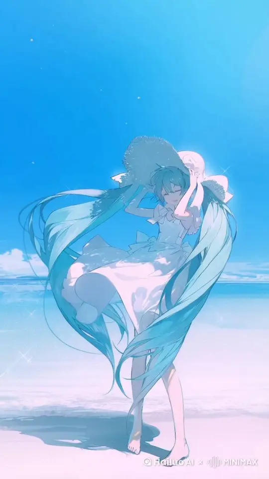 女孩头发飘动，衣服随风飘动，海浪击打着沙滩 by Hailuo AI Video Generator