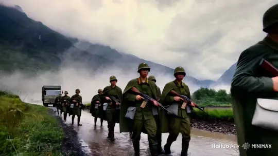 河上罩雾，山间盘云，卡车在路上溅泥浆，士兵披肩淋湿，身上尽是烂泥;他们的来福枪也是湿的，每人身前的皮带上挂有两个灰皮子弹盒，里面满装着一排排又长又窄的六点五毫米口径的子弹，在披肩下高高突出，当他们在路上走过时，乍一看，好像是些怀孕六月的妇人。 by Hailuo AI Video Generator