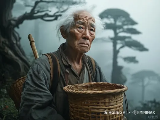 近景展现采药人迷路的无助，特写其求助眼神，与迷谷树形成关联，制造悬念：迷谷树能否帮他？增强故事吸引力，使观众代入采药人角色，期待后续发展。 by Hailuo AI Video Generator