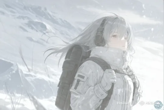 少女站在雪地中，少女站在暴风雪中，风雪吹动头发，背景缓慢移动，镜头缓慢小角度的旋转 by Hailuo AI Video Generator