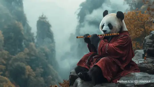 熊猫在吹笛子，镜头慢慢环绕拍摄，群山环绕，烟雾缭绕，人间仙境，山下有座房子 by Hailuo AI Video Generator