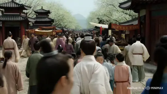 中国汉代春天白天的街景，汉代的大人和小孩在路上走 by Hailuo AI Video Generator