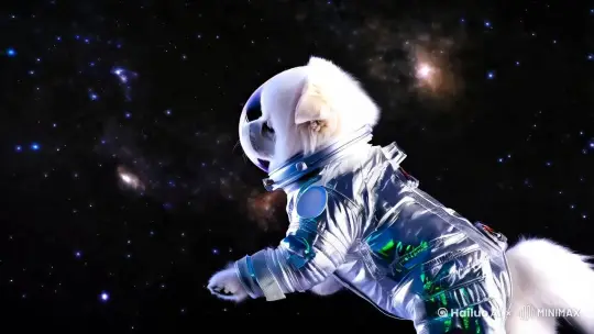 一只白色的可爱狗狗，穿着太空服在太空中翱翔 by Hailuo AI Video Generator