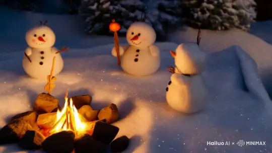 羊毛毡画面，毛茸茸的小雪人在烤柿子 by Hailuo AI Video Generator