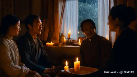 诗人与家人围坐在西窗，烛光摇拽，共同回忆着巴山夜雨的往事。窗外细雨绵绵，屋内温暖明亮，充满了家的温馨和幸福 by Hailuo AI Video Generator