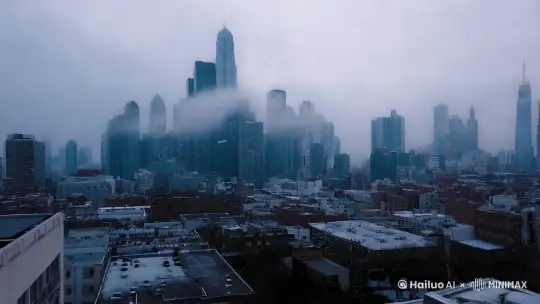 清晨的都市，灰蓝色的天空，雾气弥漫。远景推近景，镜头从高楼大厦间缓缓推近，亚历克斯独自走在空荡的街道上，影子被拉得很长。俯视镜头跟随他的脚步，暖光从建筑的缝隙中透出，洒在他的肩头，孤独却带着一丝温暖。 by Hailuo AI Video Generator