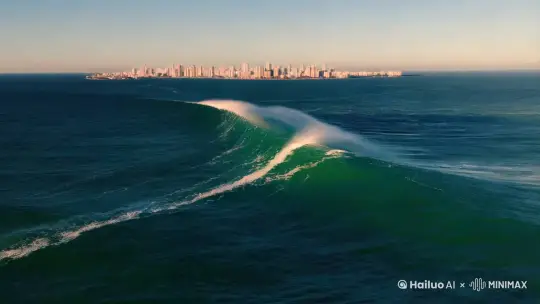 景别：高空远景
画面：远处的海平面上，一条白线逐渐显现并迅速扩大，那是海啸掀起的巨浪，以排山倒海之势朝着城市汹涌而来。海浪越来越高，浪尖上泛起白色的泡沫，在阳光的照耀下闪烁着冰冷的光芒。随着海浪的逼近，大海仿佛变成了一头愤怒的巨兽，发出震耳欲聋的咆哮声，海水的颜色也变得更加深邃和恐怖。8K超高清，动画流畅，逻辑合理 by Hailuo AI Video Generator