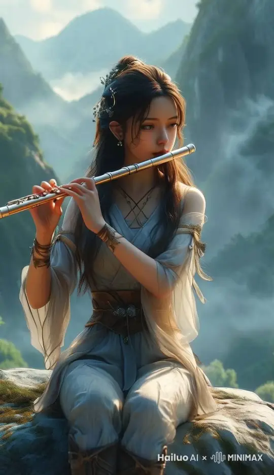 在吹笛子，镜头慢慢环绕拍摄，群山环绕，烟雾缭绕，人间仙境 by Hailuo AI Video Generator