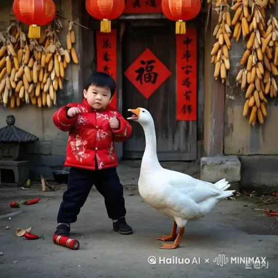 镜头移动，动态跟随，在一座古色古香的中式庭院中，阳光洒下斑驳的光影。一个机灵的小男孩，身着传统的武术练功服，扎着马步，双手握拳，目光炯炯地盯着前方。
 
一只身形高大的大白鹅，拟人化的它宛如一位武功高强的侠客，优雅地立着，翅膀微微张开，眼神犀利且充满斗志。
 
小男孩率先发动攻击，他身形一闪，快速出拳，直逼大白鹅。大白鹅不慌不忙，侧身躲过，同时翅膀一挥，如同一记有力的掌风回击。
 
小男孩轻盈地跳跃起来，施展连环踢腿，动作迅猛。大白鹅则以灵活的步伐移动，翅膀舞动间，仿佛在施展着独特的拳法。
 
二者你来我往，打得难解难分。庭院中的尘土被扬起，树叶纷纷飘落。
 
小男孩咬紧牙关，全力以赴。大白鹅则气定神闲，应对自如。
 
专业的构图，达芬奇大师级调色。 by Hailuo AI Video Generator