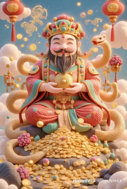 - 场景：财神坐在金山上，面带微笑，手持金元宝。
- 动作：财神缓缓起身，向观众方向挥手致意。
- 特效：金元宝从财神手中散出，向四面八方飞去，形成一道道金光。
- 背景：周围环绕着飘动的金币、祥云和红灯笼，营造出喜庆的氛围。
- 音效：伴随欢快的音乐和金币碰撞的清脆声响。
- 结尾：动画结束时，财神回到原位，金币和金光慢慢汇聚成“财运滚滚”四个大字。 by Hailuo AI Video Generator