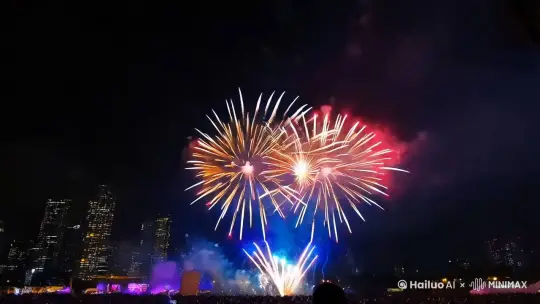 天空上方突然迸发出绚丽耀眼的烟花，霎时间天空被焰火照亮，营造出一种盛大浪漫、梦幻瑰丽的氛围 by Hailuo AI Video Generator