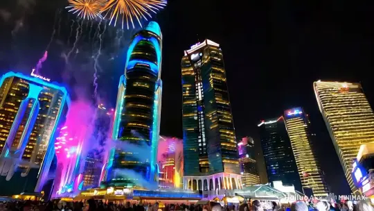 跨年，夜晚，高楼，灯光秀，烟花四射，喜气洋洋 by Hailuo AI Video Generator