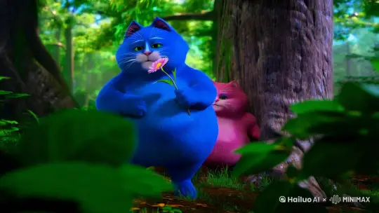 森林场景，一只蓝色胖猫人叼着一枝花向一只靠在树旁的粉色胖猫人搭话 by Hailuo AI Video Generator