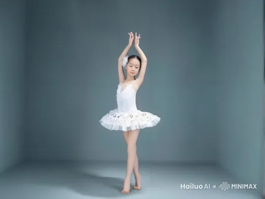 小女孩在跳芭蕾舞，随着音乐律动，动作优美自然 by Hailuo AI Video Generator
