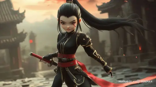 女侠向敌人快速追去，女侠右手握着刀柄，神情冷漠 by Hailuo AI Video Generator