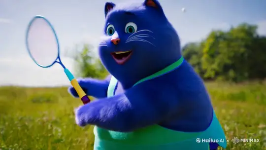一只蓝色的胖猫人拿着很帅气的羽毛球拍不停的挥动而且不停说话 by Hailuo AI Video Generator