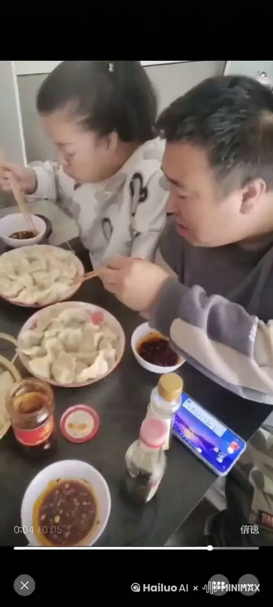 生成一个图中一男一女狂吃大吃大喝嘴里头塞的跟皮球一样满嘴流油最后都撑的吐了的视频 by Hailuo AI Video Generator