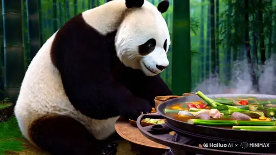 帮我生成一大熊猫吃火锅的视频 by Hailuo AI Video Generator