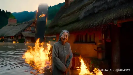 一个老奶奶在茅草屋里，茅草屋着火了，村子发洪水了，发现她手机扣款了1000万，她死了，他被火化了 by Hailuo AI Video Generator
