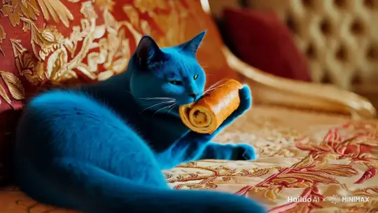 一只蓝猫在床上吃着老北京鸡肉卷，然后鸡肉卷中流出牛奶 by Hailuo AI Video Generator