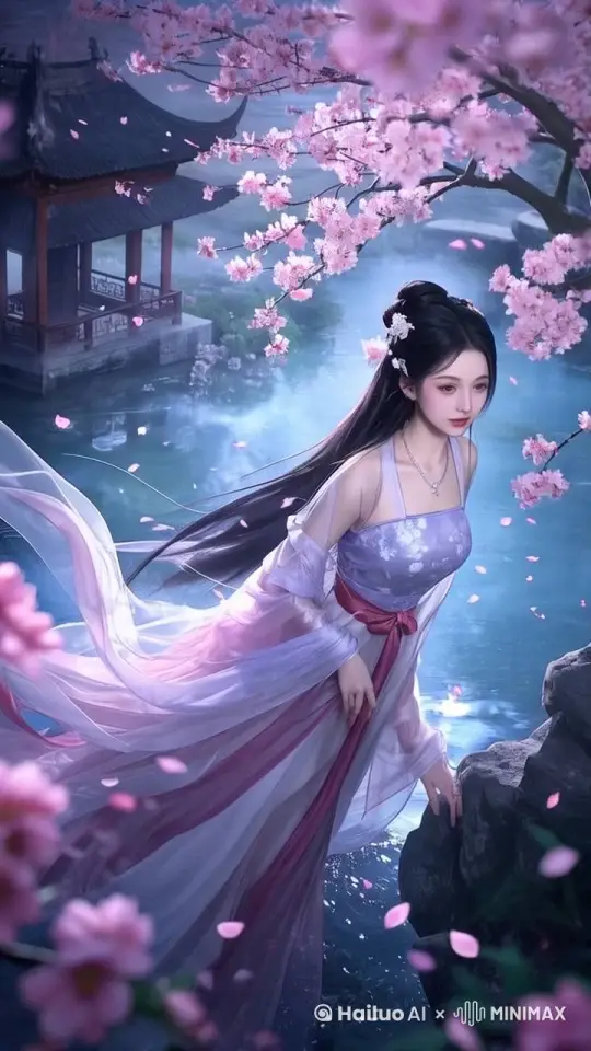 花瓣飘落，衣裙随风飘动，美女转头轻轻的微笑 by Hailuo AI Video Generator