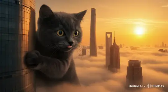 巨大的猫咪慢慢的在摩天大楼之间走动跳跃 by Hailuo AI Video Generator