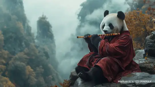 熊猫在吹笛子，镜头慢慢环绕拍摄，群山环绕，烟雾缭绕，人间仙境 by Hailuo AI Video Generator