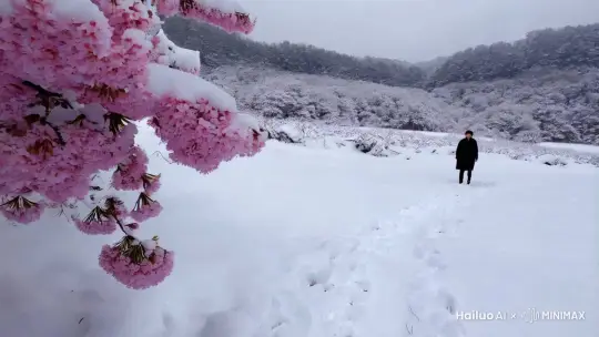 人漫步在大雪纷飞中，看着雪中不屈不挠的梅花 by Hailuo AI Video Generator