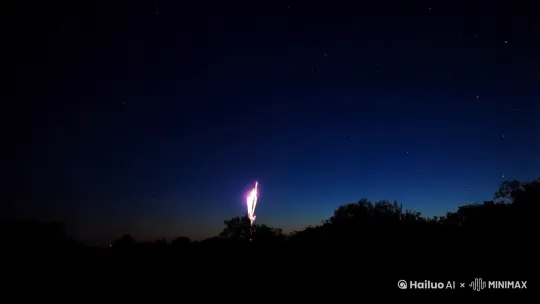 夜空中，一点火光飞上天空，两秒后，一朵蓝色的烟花绽放开来 by Hailuo AI Video Generator