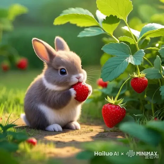 可爱的小兔子开心地吃着草莓。 by Hailuo AI Video Generator